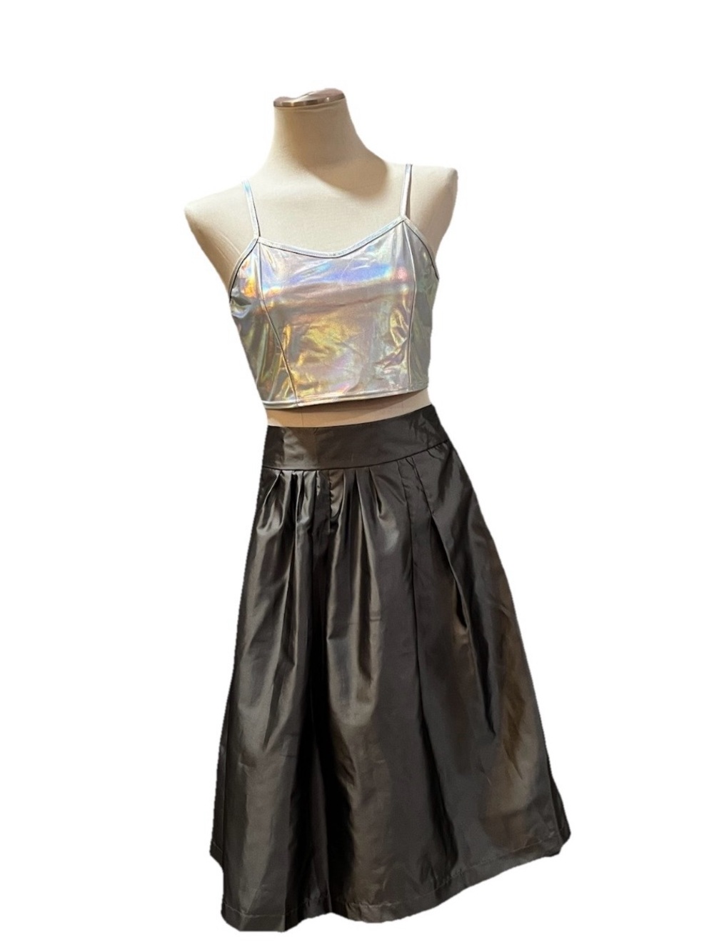 Pewter Pleated Taffeta A-Line Midi Skirt
